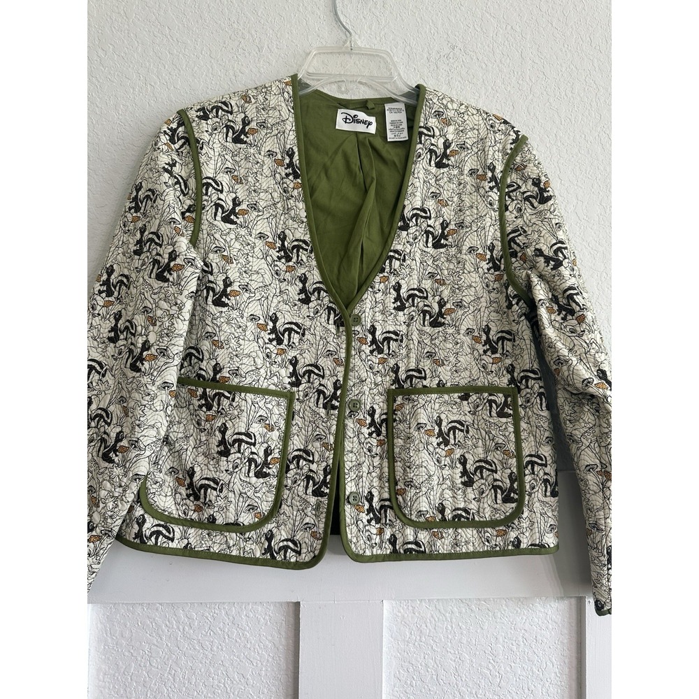 DISNEY M Quilted Bambi Flower Thumper Lined Pocket Boxy Green Jacket *NEW